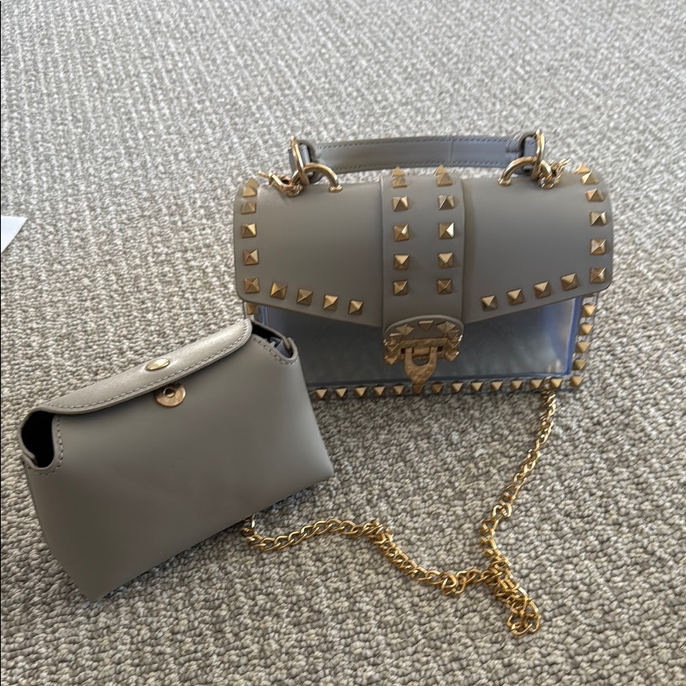 New Studded Gray and Gold Women's Flap Handbag Set
